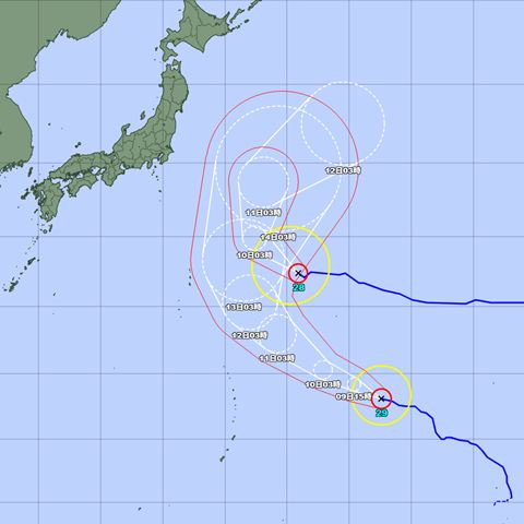 台風29号（コグマ）と台風28号（ノロ）気象庁の進路予想図 2026年10月9日4時10分発表
