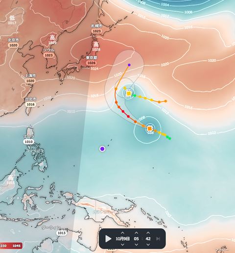 Zoom Earth 大気圧マップ 台風29号と台風28号 2026年10月9日5時